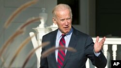 Wakil Presiden AS Joe Biden berbicara dengan wartawan setelah makan siang dengan Wakil Presiden terpilih Mike Pence di tempat tinggal Biden di Washington (16/11). (AP/Cliff Owen)