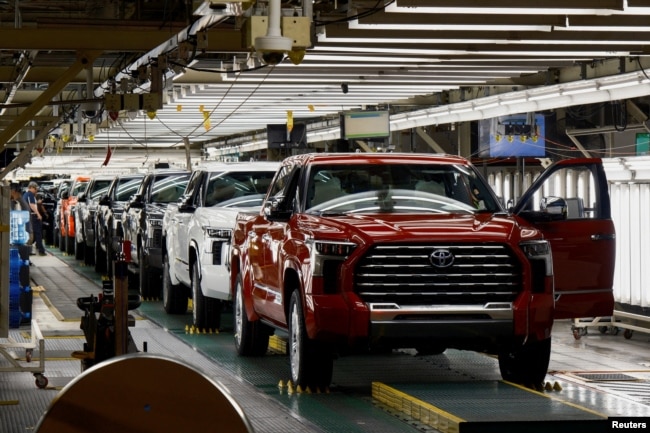 FILE - Tundra trucks and Sequoia SUV's exit the assembly line as finished products at Toyota's truck plant in San Antonio, Texas, U.S. April 17, 2023. (REUTERS/Jordan Vonderhaar/File Photo)