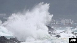 Ombak tinggi saat di pesisir Seogwipo, di selatan Pulau Jeju, saat Topan Bavi mendekat, 25 Agustus 2020. 