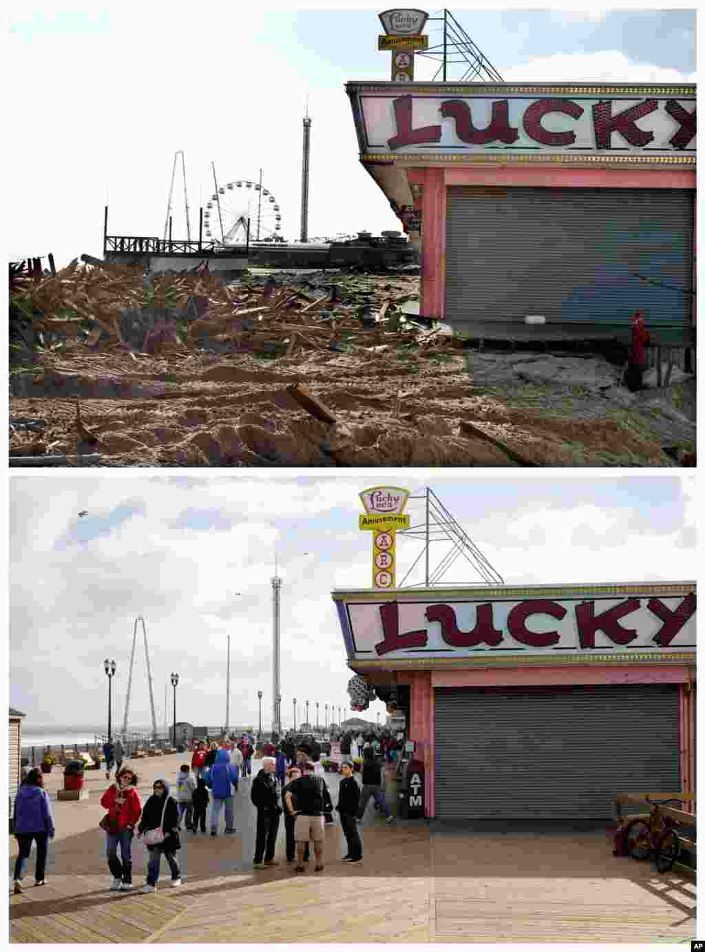 Puing-puing jembatan yang ditinggalkan oleh Badai Super Sandy di Seaside Heights, New Jersey pada 22 November 2012 dan orang-orang yang berjalan di jalur yang sudah dibangun kembali setahun kemudian (13/10). (AP/Mel Evans)