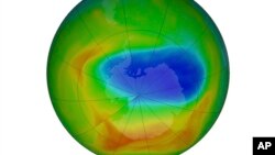 This image made available by NASA shows a map of a hole in the ozone layer over Antarctica on Sunday, Oct. 20, 2019.