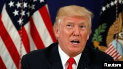 U.S. President Donald Trump speaks to reporters after a security briefing at his golf estate in Bedminster, New Jersey, Aug. 10, 2017. 