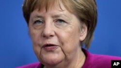 German Chancellor Angela Merkel speaks during a joint statement at the chancellery in Berlin, May 16, 2019. 