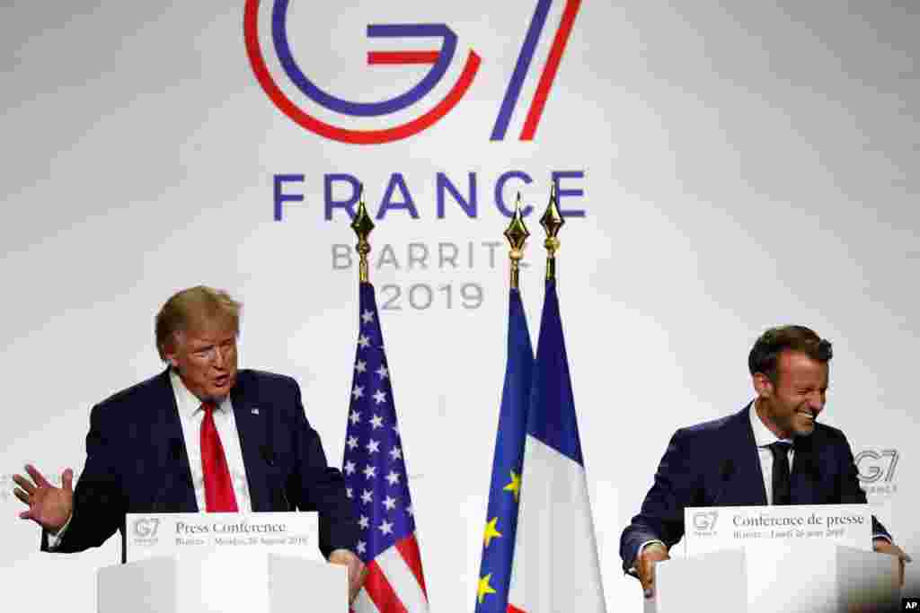 U.S. President Donald Trump speaks during a joint press conference with his French counterpart Emmanuel Macron at the G7 summit in Biarritz, southwestern France.