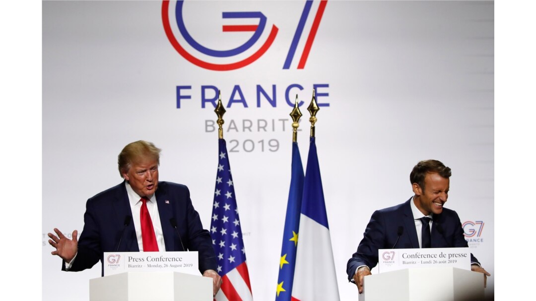FILE - U.S. President Donald Trump speaks during a joint press conference with his French counterpart Emmanuel Macron at the G-7 summit in Biarritz, southwestern France, Aug. 26, 2019.