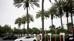 2023年6月9日，特斯拉電動車在加州阿納海姆的一個充電站充電。（美聯社照片）