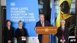 Swiss, Swedish and U.N. оfficials flank U.N. Secretary-General Antonio Guterres (at podium) at a press conference following a pledging conference for the humanitarian crisis in Yemen, at United Nations offices in Geneva, Feb. 26, 2019.