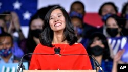 Boston Mayor-elect Michelle Wu addresses supporters at her election night party, Tuesday, Nov. 2, 2021, in Boston. Wu defeated fellow city councilor Annissa Essaibi George to become the first woman of color elected as mayor of Boston. (AP Photo/Josh Reynolds)