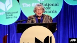 FILE - Fantasy author Ursula K. Le Guin speaks at the 2014 National Book Awards in New York, Nov. 19, 2014.