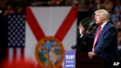 Republican presidential candidate Donald Trump speaks during a campaign rally at Jacksonville Veterans Memorial Arena, Aug. 3, 2016, in Jacksonville, Florida.