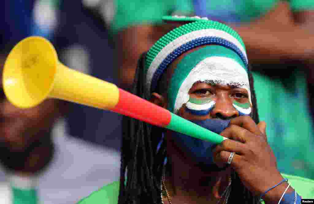 Sierra Leone fan is seen before the match Sierra Leone vs Equatorial Guinea in Cameroon on Jan. 20, 2022.