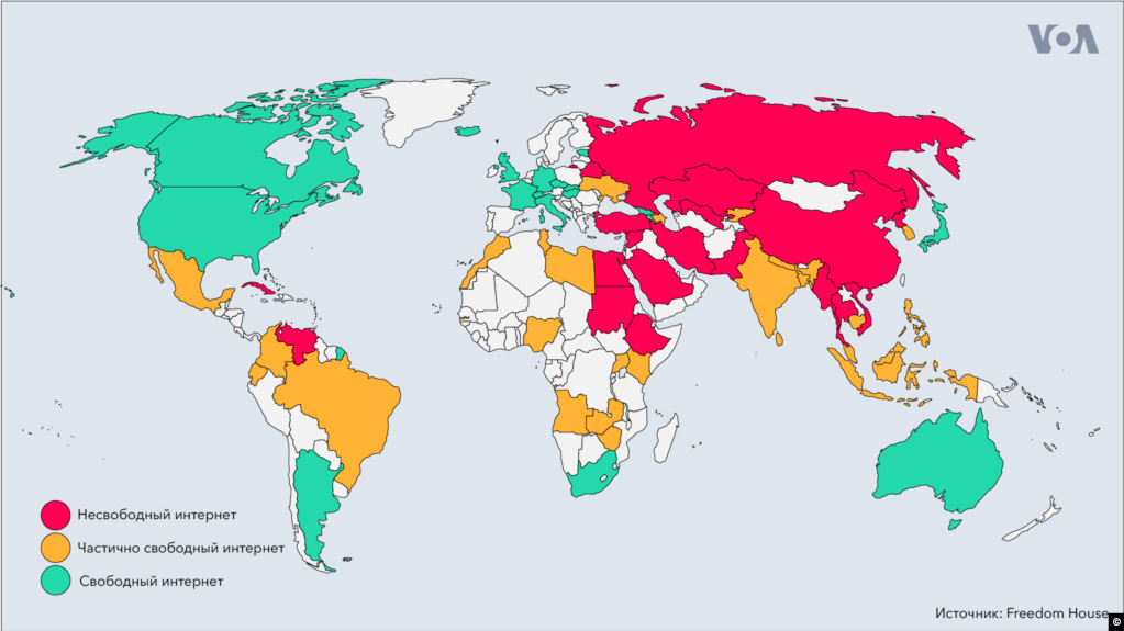 Báo cáo Freedom on the Net 2019 (Tự do trên Mạng 2019), do tổ chức Freedom House công bố hôm 5/11 xếp Việt Nam vào danh sách các nước không có tự do Internet (Màu đỏ trên bản đồ thế giới)