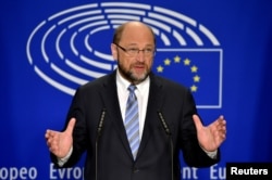 FILE - European Parliament President Martin Schulz gives a statement after the conference of Presidents at the European Parliament in Brussels, Belgium, June 24, 2016.