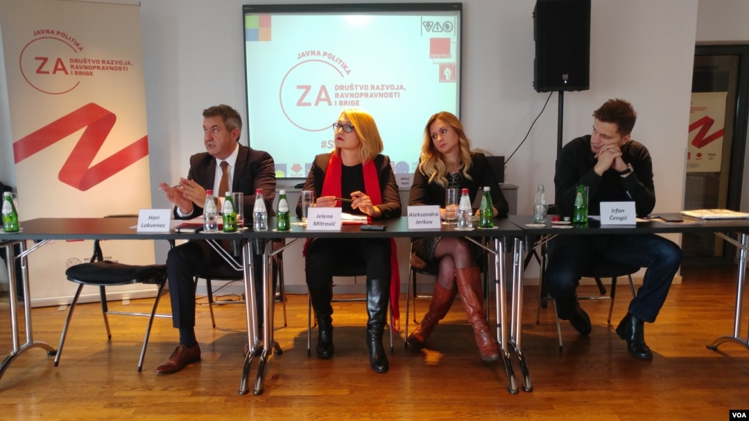 Socijaldemokrate iz zemalja Zapadnog Balkana na okruglom stolu u Beogradu: Hari Lokvenec (SDSM), Jelena Mitrović (SDP CG), Aleksandra Jerkov (DS) i Irfan Čengić (SDP BiH).