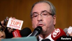 Brazilian suspended House Speaker Eduardo Cunha speaks during a news conference at the National Congress in Brasilia, July 7, 2016.