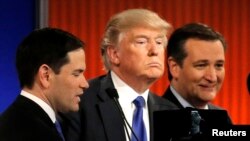 Kandida Marco Rubio (agoch), Donald Trump (mitan) ak Ted Cruz (adwat).