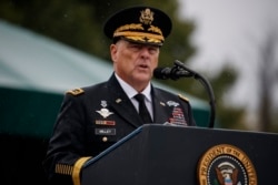 FILE - New chairman of the Joint Chiefs of Staff Gen. Mark Milley speaks during his welcome ceremony, Sept. 30, 2019, at Joint Base Myer-Henderson Hall, Va.