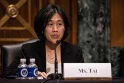 FILE - Katherine Tai, then-nominee for U.S. trade representative, testifies before a Senate Finance Committee hearing on Capitol Hill, Feb. 25, 2021.