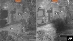 Satellite images of Heglig in February and April 2012. Right hand image reportedly shows extensive damage to key oil pipeline component called oil collection manifold.