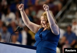 Maine State Representative and Bernie Sanders supporter Diane Russell cheers as she takes the stage at the Democratic National Convention in Philadelphia, Pa., July 25, 2016.