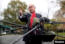 FILE - White House chief economic adviser Larry Kudlow speaks to reporters outside the White House in Washington, Nov. 13, 2018.