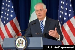 U.S. Secretary of State Rex Tillerson addresses reporters at a press conference at the U.S. Department of State in Washington, D.C., May 18, 2017.