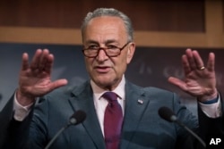 FILE - Senate Minority Leader Chuck Schumer of New York speaks to reporters on Capitol Hill in Washington, July 28, 2017, after the Republican-controlled Senate proved unable to repeal and replace the Affordable Care Act.