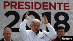 Front-runner Andres Manuel Lopez Obrador of the National Regeneration Movement gestures while addressing supporters during a campaign rally in Nuevo Laredo, Mexico, April 5, 2018.