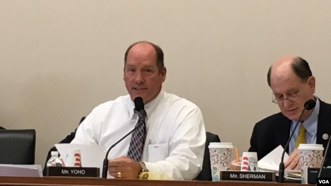 美国众议院外交事务委员会亚太小组委员会成员约霍 （Rep. Ted Yoho, R-FL）2019年12月10日在该委员会举行的国际人权日听证会上发表对中国的看法。(美国之音钟辰芳拍摄)