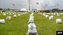 Hundreds of fake money bags representing the donations of companies in election campaigns were distributed in front of the National Congress in Brasilia, March 24, 2015. On Tuesday, Brazilian lawmakers proposed creating a fund of taxpayer money to help their parties foot the bills.
