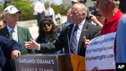 FILE - Rep. Steve King, R-Iowa, speaks to a small group of demonstrators opposed to President Obama's immigration reform, outside the Supreme Court in Washington, April 18, 2016. 