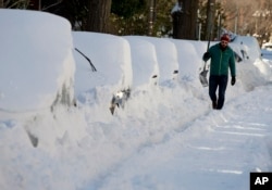 A man walks with a shovel past a line of snowed-in cars in Washington, D.C., Jan. 24, 2016. (AP PHOTO)