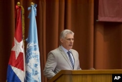 Cuba's President Miguel Diaz-Canel speaks at the opening session of the United Nations Economic Commission for Latin America biennial meeting, in Havana, May 8, 2018.