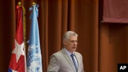 FILE - Cuba's President Miguel Diaz-Canel speaks at the opening session of the United Nations Economic Commission for Latin America biennial meeting, in Havana, May 8, 2018. 
