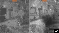 Satellite images of Heglig in February and April 2012. Right hand image reportedly shows extensive damage to key oil pipeline component called oil collection manifold.