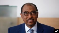 FILE - Embattled UNAIDS chief Michel Sidibe attends a press conference, in Paris, France, July 18, 2018.