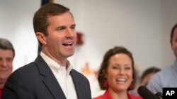 Kentucky Democratic gubernatorial candidate and Attorney General Andy Beshear speaks to the media during a press conference at the Muhammad Ali Center, Nov. 6, 2019, in Louisville, Ky.