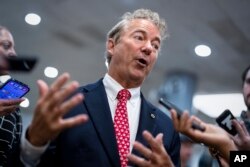 FILE - Sen. Rand Paul, R-Ky., speaks to reporters at the Capitol in Washington, Thursday, Sept. 7, 2023