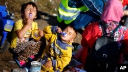 FILE - Children are seen eating milk powder as they wait for a bus in a temporary holding center for migrants near the border between Serbia and Hungary in Roszke, southern Hungary, Sept. 13, 2015.
