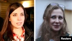 A combination photo shows freed Pussy Riot members Nadezhda Tolokonnikova (L) in Krasnoyarsk and Maria Alyokhina (R) in Nizhny Novgorod speaking to the media after they were released from prison, Dec. 23, 2013. 