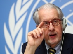 Paulo Pinheiro, Chairperson of the Independent Commission of Inquiry on the Syrian Arab Republic attends a news conference during the Human Rights Council at the United Nations in Geneva, Switzerland, March 2, 2020.