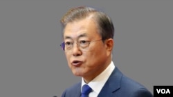 Moon Jae-in, as South Korea's President, graphic element on gray