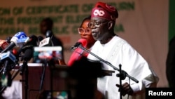 FILE — Nigeria's President Bola Tinubu speaks after being declared winner of 2023 presidential election, Abuja, March 1, 2023.