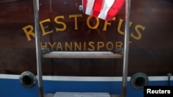 The back of JFK's speedboat to be auctioned by Guernsey's as part of the 'John and Jackie Kennedy Pieces' in honor of what would have been JFK's 100th birthday are seen outside the Loeb Boathouse at Central Park in New York, Sept. 26, 2017. 