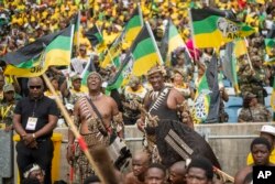 FILE—Zulu warriors and African National Congress supporters gather at the Mose Mabhida stadium in Durban, South Africa, February 24, 2024, for their national manifesto launch in anticipation of the 2024 general elections.