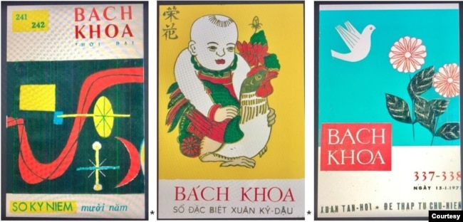 Từ trái, những mẫu bìa đẹp của Bách Khoa của các hoạ sĩ danh tiếng: Tạ Tỵ, Phạm Tăng, Văn Thanh. [5]