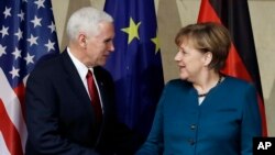 Germany Security ConferenceU.S. Vice President Mike Pence, left, and German Chancellor Angela Merkel meet for bilateral talks on the sidelines of the Munich Security Conference in Munich, Germany, Feb. 18, 2017.