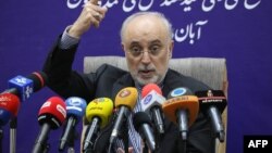 Kepala badan tenaga atom Iran, Ali Akbar Salehi memberikan konferensi pers setelah mengunjungi fasilitas nuklir Iran di Natanz, Senin (4/11).