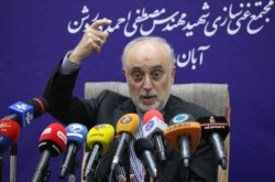 A handout picture released by Iran's Atomic Energy Organization on Nov. 4, 2019, shows the head of the organization Ali Akbar Salehi speaking at a press conference following a visit to the nuclear power plant in Natanz.