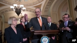 Lidè minorite a nan Sena a, Chuck Schumer (D-N.Y.), Sen. Patty Murray (D-Wash.), Sen. Debbie Stabenow (D-Mich.), ak Sen. Dick Durbin (D-Ill.), vis lidè Pati Demokrat nan Sena a, nan yon konferans pou laprès sou posiblite yon fèmti pasyèl govènman an.